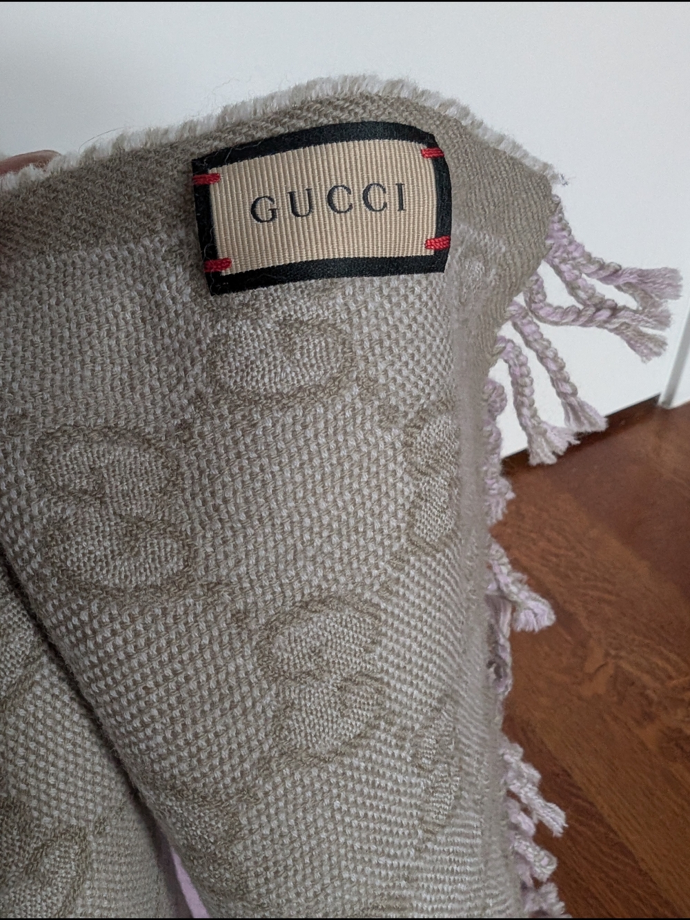 GUCCI GG Reversible Wool Knit Monogram Scarf with Fringe Gray And Purple